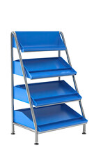 Metal frame stand with four blue, tilted shelves