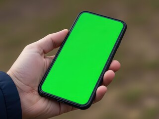 Hand holding smartphone with green screen display in outdoor setting for technology and communication concept