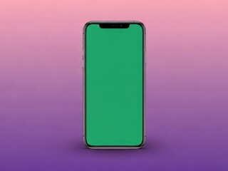 Fulllength shot of a smartphone with a green screen standing upright on a purple background