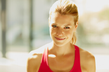 Smile, fitness and portrait of woman outdoor with wellness, exercise and health for weightloss. Happy, confidence and female person with positive attitude for workout in morning in Australia.