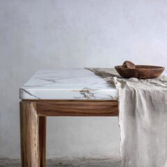 Obraz premium Elegant Marble Top Table with Wooden Legs and Natural Fabric Runner Perfect for Stylish Home Decor Photoshoot and Interior Design Inspiration