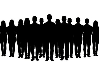 Silhouette of a group of people standing together in a line against a white background