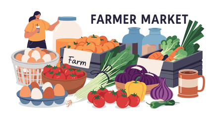 A woman shops for fresh produce and farm goods, including eggs, vegetables, and fruit, at a vibrant outdoor farmer's market.
