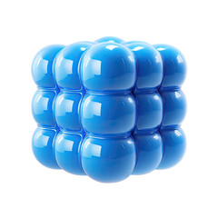 Glossy blue spheres arranged in a cube shape, on a stark black background