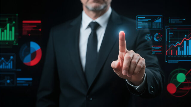 ceo making data driven decisions using interactive pie charts and financial bar graphs display - Powered by Adobe