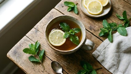 Overhead view of a warm cup of herbal tea with fresh mint leaves and lemon slices.