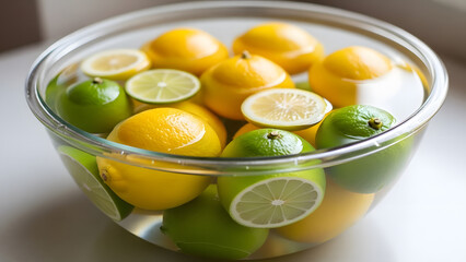 Fresh lemons and limes in a glass bowl on a table