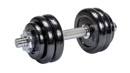Adjustable dumbbell with black weights and silver handle isolated on transparent background