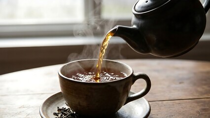 Hot steaming tea being poured from a dark ceramic teapot into a rustic cup and saucer on a wooden table.