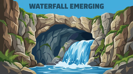 waterfall emerges from a limestone cave opening, emphasizing underground water systems, karst geology, and mysterious natural formations