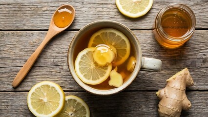 Overhead view of healthy ginger lemon tea with honey in a mug, surrounded by fresh ingredients on wood.