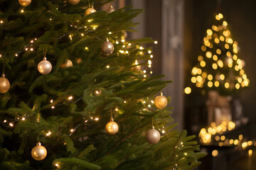 Two decorated evergreen trees with gold ornaments and warm light strings