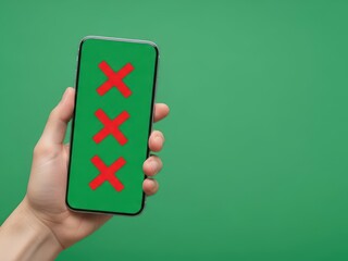 Closeup of hand holding smartphone with red crosses on green background, isolated on white background