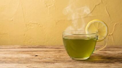 Steaming cup of green tea with lemon slice on rustic wooden table, warm yellow textured background.