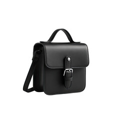 Black leather satchel with buckle and strap on a dark background