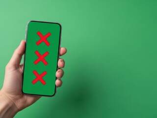 Hand holding smartphone displaying a red cross mark on green screen with isolated on white background