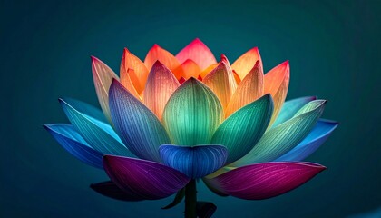 A vibrant, multi-colored lotus flower blossoms against a deep teal backdrop