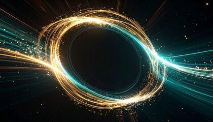 Abstract digital artwork features a central dark void ringed by glowing, swirling lines