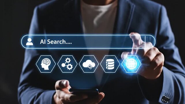 A professional in a suit interacts with a digital interface displaying ai search alongside icons representing machine learning concepts and data analysis