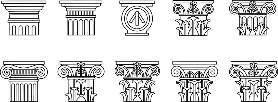 Collection of Greek and Roman Architectural Column Capitals and Frieze Elements Keywords: column capital, ionic capital, corinthian capital, doric