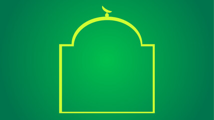 Mosque outline with crescent moon on green gradient background, Islamic architecture symbol, vector graphic