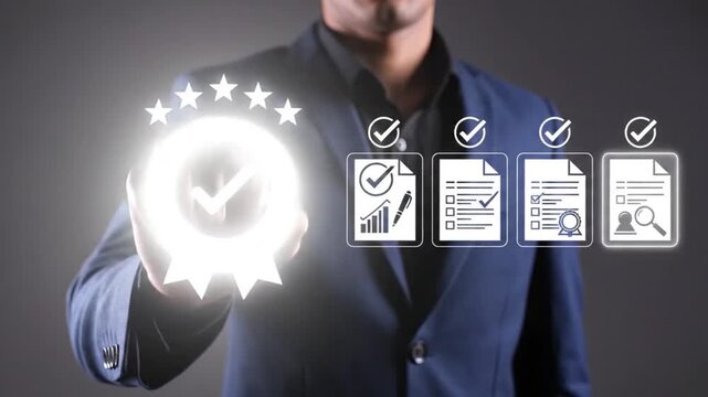 A professional individual is showcasing digital quality assurance icons including badges checklists and reports representing certifications and high standards