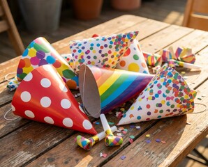 A vibrant collection of mismatched party hats featuring polka dots, stripes, and rainbow patterns scattered on a wooden table, perfect for any festive celebration.