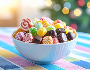 Overflowing bowl of assorted colorful candies lollipops and chocolates with festive bokeh background