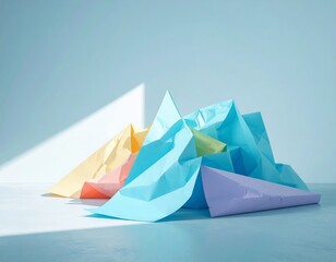 Pile of crumpled colorful wrapping paper with torn edges against a soft blue background showcasing discarded celebratory materials