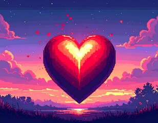 Large pixel heart floating over a tranquil, colorful sunset scene