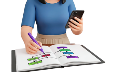3D Person Working on Flowchart and Using Smartphone