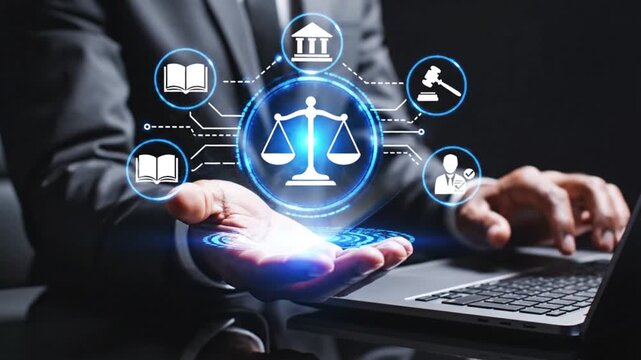 A professional utilizing a laptop with a glowing holographic projection of scales of justice displayed within their outstretched hand representing legal technology