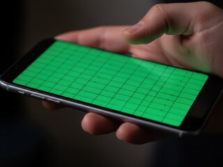 Closeup of a hand holding a smartphone with a green grid screen for gaming or design purposes