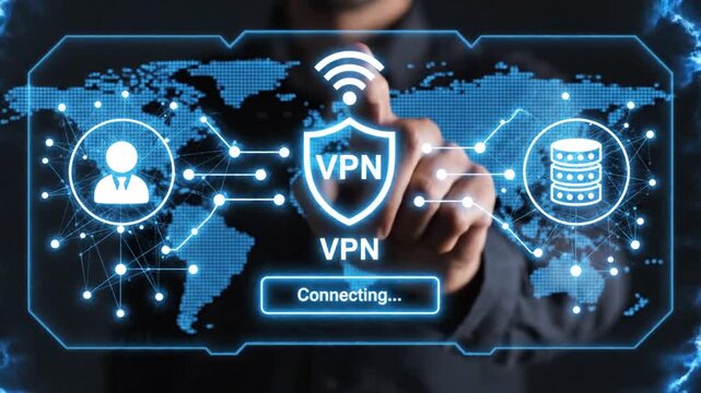 A digital representation of a virtual private network highlighting secure connection global access and data protection symbolized by a hand reaching towards a glowing screen