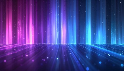 Abstract, vibrant backdrop features vertical light beams in magenta, purple, and blue. Sparkling dust