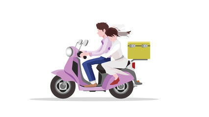 Couple riding a pink scooter with a yellow delivery box. Flat vector illustration of man and woman traveling on a motorcycle. Transportation and lifestyle concept on white background.