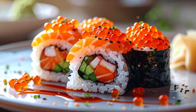 Delicious and colorful sushi rolls with salmon roe and fresh ingredients on a plate.