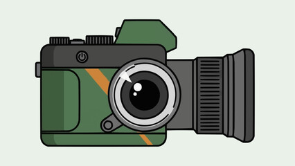 Green vintage camera with lens and viewfinder illustration.
