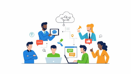 Diverse group of professionals collaborating on a project using technology.