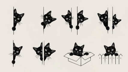 Collection of cute black cat illustrations peeking from corners.