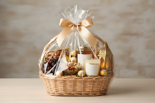 warm-toned studio shot of a gift basket with ribbon bow and sweet treats for e-commerce and advertising stock photos