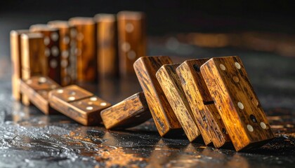 Close-up of wooden dominoes, some standing, some falling, on a textured surface