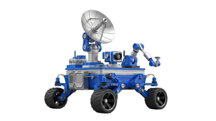 Blue Wheeled Robot with Satellite Dish and Camera