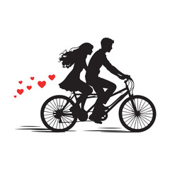 Romantic couple riding tandem bicycle with hearts floating behind on white background