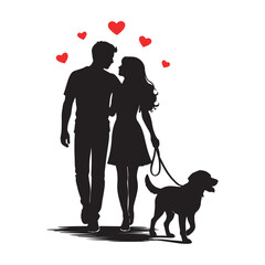 A beautiful silhouette illustration depicting a loving couple and their loyal dog enjoying a peaceful walk together, with red hearts symbolizing their deep affection and companionship