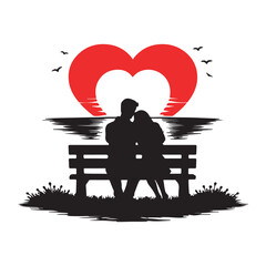 Romantic Couple Silhouetted on a Bench Under a Heart-Shaped Sunset A Symbol of Love and Togetherness