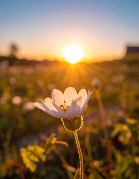 Delicate white flower blooms in the golden light of a setting sun, peaceful scene.
