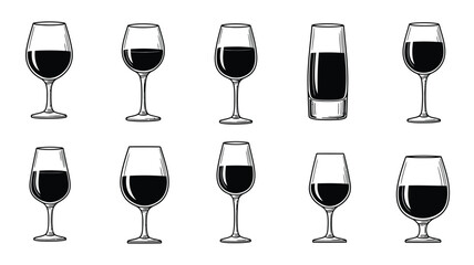 An arrangement of wine glasses filled with dark liquid a clean silhouette