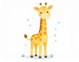 Obraz premium Cute cartoon giraffe standing tall on a grassy patch with colorful stars around it.