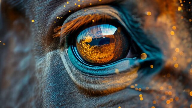 Captivating closeup of horse's eye reflecting nature with floating particles